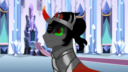 Size: 640x364 | Tagged: safe, artist:suitable_ant_7195, king sombra, pony, unicorn, g4, angry, armor, crown, crystal, crystal empire, horn, indoors, jewelry, male, regalia, solo, stallion, throne, throne room