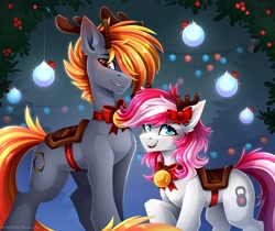 Size: 2560x2150 | Tagged: safe, artist:buvanybu, oc, oc only, earth pony, pony, artist name, bell, blue eyes, brown eyes, christmas, duo, duo male and female, earth pony oc, female, gray coat, hair ribbon, holiday, holly, male, mare, mare oc, open mouth, open smile, orange mane, orange tail, raised hoof, ribbon, saddle, smiling, stallion, stallion oc, tack, tail, teeth, two toned mane, two toned tail, white coat