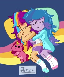 Size: 1716x2048 | Tagged: safe, artist:garybaldor, izzy moonbow, sunny starscout, human, equestria girls, g4, g5, bed, clothes, dishevelled, duo, duo female, equestria girls-ified, eyes closed, female, g5 to equestria girls, g5 to g4, generation leap, hug, lesbian, lying down, on side, pajamas, pillow, plushie, ship:moonscout, shipping, shirt, signature, sleeping, snuggling, socks