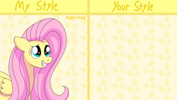 Size: 1920x1080 | Tagged: safe, artist:fruitypieq, fluttershy, pegasus, pony, g4, abstract background, bust, draw this in your style, eyes closed, female, grin, mare, smiling, solo