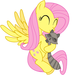 Size: 600x600 | Tagged: safe, artist:adcoon, fluttershy, pony, raccoon, g4, 2011, ^^, eyes closed, female, flying, hug, mare, simple background, smiling, solo, spread wings, transparent background, vector, wings