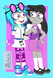 Size: 703x1024 | Tagged: safe, artist:garybaldor, dj pon-3, octavia melody, vinyl scratch, human, equestria girls, g4, blue nail polish, clad feet, clothes, cutie mark on clothes, duo, duo female, equestria girls-ified, female, generation leap, glasses, lesbian, painted nails, pants, passepartout, ship:scratchtavia, shipping, shoes, signature, skirt, smiling, sneakers