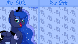 Size: 1920x1080 | Tagged: safe, artist:fruitypieq, princess luna, alicorn, pony, g4, abstract background, bust, draw this in your style, female, horn, mare, open mouth, open smile, smiling, solo