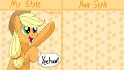 Size: 1920x1080 | Tagged: safe, artist:fruitypieq, earth pony, pony, g4, abstract background, draw this in your style, female, mare, open mouth, open smile, raised hoof, smiling, solo