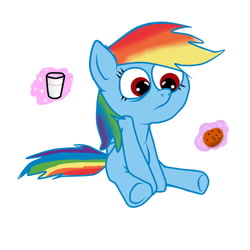 Size: 1024x1024 | Tagged: safe, artist:mrrainbowzombie, rainbow dash, pegasus, pony, .mov, g4, cookie, cute, dashabetes, female, folded wings, food, frown, glass, hotdiggedydemon-ish, magic, mare, milk, pony.mov, rainbow dash is not amused, simple background, sitting, solo, style emulation, telekinesis, unamused, white background, wings