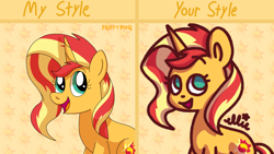 Size: 1920x1080 | Tagged: safe, artist:fruitypieq, artist:smile-files, sunset shimmer, pony, unicorn, g4, abstract background, draw this in your style, female, horn, mare, open mouth, open smile, smiling, solo