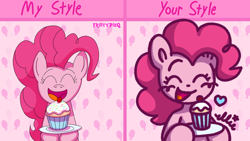 Size: 1920x1080 | Tagged: safe, artist:fruitypieq, artist:smile-files, pinkie pie, earth pony, pony, g4, abstract background, bust, cupcake, draw this in your style, eyes closed, female, food, holding, mare, open mouth, open smile, plate, smiling, solo