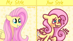 Size: 1920x1080 | Tagged: safe, artist:fruitypieq, artist:smile-files, fluttershy, pegasus, pony, g4, abstract background, bust, draw this in your style, eyes closed, female, grin, mare, smiling, solo