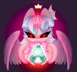 Size: 3200x3000 | Tagged: safe, artist:persikulka, cozy glow, alicorn, pegasus, pony, g4, alicornified, bell, cozycorn, evil smile, female, filly, foal, glowing, glowing horn, gradient background, grogar's bell, horn, magic, pure unfiltered evil, race swap, red eyes, signature, smiling, solo, telekinesis