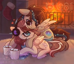 Size: 1932x1678 | Tagged: safe, artist:lenori, oc, oc only, pegasus, bandana, chocolate, couple, duo, duo male and female, female, fireplace, food, headphones, hot chocolate, indoors, male, marshmallow, pegasus oc