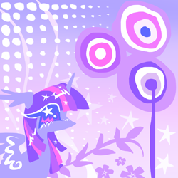 Size: 2048x2048 | Tagged: safe, artist:larvaecandy, twilight sparkle, alicorn, pony, g4, abstract background, big eyes, colored sclera, dreamcore, ear fluff, ethereal mane, eye clipping through hair, female, floppy ears, flower, frutiger metro, gradient background, halftone, high res, horn, leaf, lineless, long eyelashes, long mane, mare, monochrome, no mouth, no pupils, profile, purple coat, purple eyes, purple mane, purple sclera, purplescale, solo, spread wings, starry eyes, starry mane, stars, straight mane, surreal, three toned mane, twilight sparkle (alicorn), unicorn horn, wingding eyes, wings