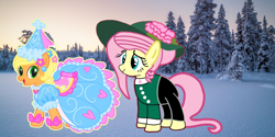 Size: 6912x3456 | Tagged: safe, artist:darlycatmake, edit, applejack, fluttershy, earth pony, pony, g4, look before you sleep, my little pony: friendship is magic, beautiful, beautiful eyes, beautiful hair, bow, christmas, clothes, dress, ear piercing, fancy, flower, flower in hair, froufrou glittery lacy outfit, happy, happy holidays, hat, hearth's warming eve, hennin, holiday, jewelry, merry christmas, miss western fluttershy, necklace, pants, piercing, pretty, princess, princess applejack, puffy sleeves, remastered, smilingsafe, solo, western