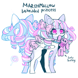 Size: 851x851 | Tagged: safe, artist:cutesykill, oc, oc only, oc:princess marshmallow, alicorn, pony, alicorn oc, bangs, big ears, blue sclera, bow, colored pinnae, colored pupils, colored sclera, decapitated, eye clipping through hair, eyelashes, floating head, folded wings, hair accessory, hair bow, horn, long mane, mane accessory, mouth hold, pigtails, pink bow, pink eyes, pink pupils, plushie, princess, princess oc, reference sheet, ringlets, simple background, small horn, solo, standing, tail, tail accessory, tail bow, text, thin, three toned mane, three toned tail, tied mane, tied tail, unicorn horn, white background, white coat, wings