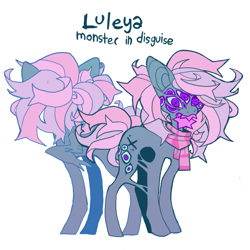 Size: 851x851 | Tagged: safe, artist:cutesykill, oc, oc only, oc:luleya, goo, monster pony, pegasus, pony, big ears, blue sclera, clothes, colored eyelashes, colored sclera, colored teeth, eyes do not belong there, gray coat, long legs, multiple eyes, no catchlights, pegasus oc, pink mane, pink scarf, pink tail, pink teeth, ponytail, purple eyelashes, purple eyes, reference sheet, scarf, shapeshifter, sharp teeth, simple background, slender, solo, spiky mane, spiky tail, standing, striped scarf, tail, teeth, text, thin, three quarter view, tied mane, white background, x eyes