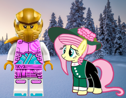 Size: 4442x3456 | Tagged: artist needed, source needed, safe, fluttershy, earth pony, pony, g4, happy holidays, hearth's warming eve, miss western fluttershy, ninja, ninjago: dragons rising, snow, snowfall, sora (ninjago), western