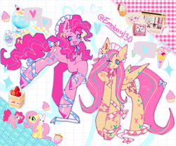 Size: 2048x1695 | Tagged: safe, artist:emoboy130, angel bunny, fluttershy, pinkie pie, earth pony, pegasus, pony, rabbit, g4, :3, abstract background, alternative cutie mark placement, animal, blue eyes, bonnet, bow, cake, cake slice, cascading cutie mark, collage, colored hooves, colored pinnae, cupcake, curly mane, curly tail, drink, duo focus, ear fluff, ear piercing, earring, eye clipping through hair, eyelashes, fangs, female, folded wings, food, frown, grid background, helix piercing, hooves, jewelry, leg markings, long legs, long mane, long tail, mare, mixed media, my melody, one eye closed, open mouth, open smile, piercing, pink coat, pink hooves, pink mane, pink tail, raised hoof, ribbon, sanrio, shiny hooves, signature, smiling, speech bubble, spoken heart, standing, strawberry, striped mane, striped tail, tail, tail accessory, tail bow, teal eyes, three toned mane, three toned tail, turned head, wavy mane, wavy tail, wing markings, wings, yellow coat