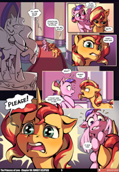 Size: 3541x5121 | Tagged: safe, artist:baban illustration, artist:lummh, princess cadance, princess celestia, sunset shimmer, alicorn, pony, unicorn, comic:the princess of love, g4, absurd resolution, canterlot castle interior, comic, cute, cutedance, emanata, female, filly, filly sunset shimmer, foal, glowing, horn, looking at each other, looking at someone, magic, mare, patreon, patreon logo, sad, speech bubble, statue, teen princess cadance, telekinesis, younger, younger sunset