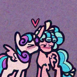 Size: 2048x2048 | Tagged: safe, artist:dummbeez, cozy glow, princess flurry heart, alicorn, pegasus, pony, blushing, bow, cheek kiss, duo, duo female, eyes closed, female, hair bow, heart, kissing, lesbian, mare, older, older cozy glow, older flurry heart, ship:cozyheart, shipping