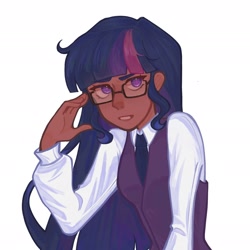 Size: 2176x2172 | Tagged: safe, artist:lunastxar, twilight sparkle, human, g4, clothes, dark skin, female, glasses, gritted teeth, humanized, necktie, shirt, simple background, solo, teeth, vest, white background, wip