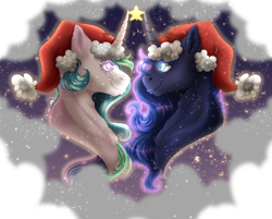 Size: 4896x3928 | Tagged: safe, artist:22poisoncookie22, princess celestia, princess luna, alicorn, pony, g4, absurd resolution, bust, christmas, female, hat, holiday, looking at each other, looking at someone, mare, royal sisters, santa hat, siblings, sisters, snow, snowfall, stars