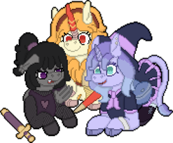 Size: 1408x1168 | Tagged: safe, artist:bloonacorn, oc, oc:galena, oc:gloria graces, bat pony, kirin, unicorn, armor, bat pony oc, clothes, female, hat, headband, horn, kirin oc, lance, simple background, skirt, sword, transparent background, trio, trio female, unicorn oc, weapon