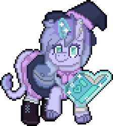 Size: 608x680 | Tagged: safe, artist:bloonacorn, oc, unicorn, bag, book, digital art, hat, horn, pixel art, saddle bag, simple background, solo, transparent background, unicorn oc, witch hat