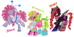 Size: 1280x641 | Tagged: safe, artist:eyerealm, artist:junglicious64, oc, oc only, oc:cosmic boogie, oc:heart, oc:windmill, earth pony, pegasus, pony, unicorn, :3, adoptable, amputee, antennae, bangs, beads, beanbrows, black coat, bow, braid, braided pigtails, braided tail, candy, cascading cutie mark, choker, clothes, collaboration, colored eyebrows, colored eyelashes, colored lineart, colored pupils, colored sclera, colored wings, colored wingtips, colorful, cupcake, curly mane, curly tail, decora, dress, earth pony oc, ethereal mane, ethereal tail, eyebrows, eyeshadow, facial markings, fishnet clothing, fishnet stockings, fluffy leg warmers, folded wings, food, freckles, frown, gray coat, green eyes, green mane, green sclera, green tail, green text, hair accessory, hair bow, headband, headpiece, heart choker, hoof boots, hoof shoes, horn, lace choker, leg warmers, lidded eyes, lipstick, long eyelashes, long mane, long tail, looking back, magenta eyelashes, magenta mane, magenta tail, makeup, mane accessory, mary janes, mismatched socks, no catchlights, open mouth, pegasus oc, pigtails, pink bow, pink coat, pink eyelashes, pink eyes, pink eyeshadow, pink lipstick, pink mane, pink pupils, pink tail, pink text, ponysona, profile, prosthetic leg, prosthetic limb, prosthetics, purple eyelashes, purple eyes, purple pupils, purple wingtips, rainbow freckles, raised hooves, raised leg, red eyeshadow, red mane, red tail, red text, saturated, scarf, shoes, simple background, skirt, sleeveless, sleeveless dress, smiling, socks, standing, standing on one leg, starry eyes, starry mane, starry tail, stockings, striped socks, tail, tail accessory, tail bow, thigh highs, three quarter view, three toned mane, three toned tail, tied mane, tied tail, trio, turned head, two toned mane, two toned tail, two toned wings, unamused, unicorn horn, unicorn oc, wall of tags, watermark, wavy mane, wavy tail, white background, wingding eyes, wings