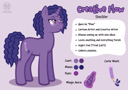 Size: 3600x2550 | Tagged: safe, artist:artisticwerks, oc, oc:creative flow, pony, unicorn, female, glasses, horn, mare, reference sheet, solo