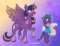 Size: 3136x2378 | Tagged: safe, artist:artisticwerks, spike, twilight sparkle, alicorn, pony, g4, alternate design, clothes, quill, scroll, twilight sparkle (alicorn)