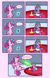 Size: 2550x3900 | Tagged: safe, artist:artisticwerks, princess cadance, spike, pony, g4, baby, baby spike, comic, fire, fire breath, jack-jack attack, magic, reference, teen princess cadance, the incredibles, younger