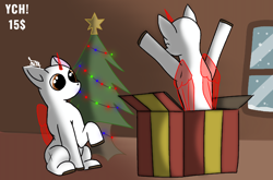 Size: 1440x950 | Tagged: safe, artist:thomas.senko, alicorn, changeling, earth pony, griffon, pegasus, pony, unicorn, brown eyes, christmas, christmas lights, christmas star, christmas tree, cute, detailed background, duo, duo female, duo focus, duo male, duo male and female, ears up, female, folded wings, happy, holiday, horn, interior, jumping, light skin, male, present, raised hoof, shading, shadow, sitting, snow, snowfall, soft shading, surprised, tree, window, wings