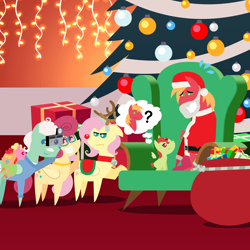 Size: 2160x2160 | Tagged: safe, anonymous artist, big macintosh, fluttershy, gentle breeze, posey shy, oc, oc:apple sorbet, oc:late riser, oc:pink lemonade, earth pony, pegasus, pony, series:fm holidays, series:hearth's warming advent calendar 2024, g4, advent calendar, alternate hairstyle, animal costume, baby, baby carrier, baby pony, bell, bell collar, camera, chair, christmas, christmas lights, christmas tree, clothes, collar, colt, costume, emanata, eyebrows, family, father and child, father and son, female, filly, floppy ears, fluttershy is not amused, foal, frown, grin, high res, holiday, hoof hold, lineless, male, mall santa, mare, nervous, nervous smile, offspring, pacifier, parent:big macintosh, parent:fluttershy, parents:fluttermac, plewds, pointy ponies, present, question mark, raised eyebrow, red nose, reindeer costume, saddle, santa costume, ship:fluttermac, ship:shys, shipping, short mane, smiling, stallion, straight, tack, thought bubble, tree, unamused