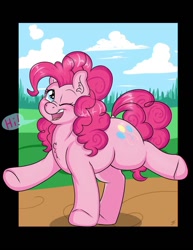 Size: 850x1100 | Tagged: safe, artist:takutanuvataio, pinkie pie, earth pony, pony, g4, breaking the fourth wall, chest fluff, cute, diapinkes, digital art, dock, ear fluff, female, hi, looking at you, mare, one eye closed, open mouth, open smile, outdoors, passepartout, smiling, smiling at you, solo, speech bubble, standing on two hooves, tail, talking to viewer, wink, winking at you