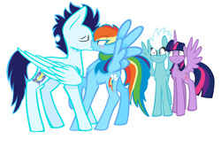 Size: 750x499 | Tagged: safe, artist:chantecler13, fleetfoot, rainbow dash, soarin', twilight sparkle, alicorn, pegasus, pony, g4, female, kiss on the lips, kissing, male, mare, ship:soarindash, shipping, stallion, straight, twilight sparkle (alicorn)