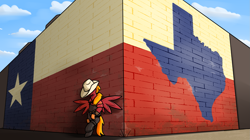 Size: 1831x1028 | Tagged: safe, artist:moonatik, oc, oc only, oc:moonatik, pegasus, pony, better call saul, bipedal, brick wall, building, clothes, cloud, cowboy hat, engineer, engineer (tf2), flag, hat, knee pads, male, overalls, pegasus oc, sky, solo, spread wings, stallion, team fortress 2, texas, wings