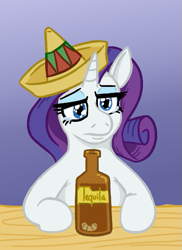 Size: 411x564 | Tagged: safe, artist:jargon scott, rarity, pony, unicorn, g4, alcohol, bottle, bust, drink, female, food, gradient background, hat, mare, solo, sombrero, teary eyes, tequila