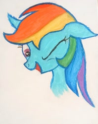 Size: 2451x3096 | Tagged: safe, artist:theblackqueen, rainbow dash, pony, g4, bust, dimples, looking at you, one eye closed, one eye open, open mouth, paint, painting, portrait, simple background, smiling, solo, traditional art, white background, wink, winking at you