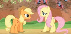 Size: 1230x585 | Tagged: safe, screencap, applejack, fluttershy, earth pony, pegasus, g4, sounds of silence, angry, applebutt, butt, cropped, duo, duo female, female, flutterbutt, mare, plot, plot pair, sad