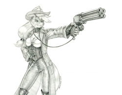 Size: 1500x1169 | Tagged: safe, artist:baron engel, applejack, earth pony, anthro, g4, applejack's hat, cowboy hat, female, gun, hat, mare, monochrome, pencil drawing, simple background, solo, traditional art, weapon