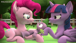 Size: 1920x1080 | Tagged: safe, artist:skunkdude13, pinkie pie, spike, twilight sparkle, alicorn, dragon, earth pony, pony, g4, 3d, animated, female, femdom, fence, forced, interspecies, kiss on the lips, kissing, making out, male, mare, onomatopoeia, ship:pinkiespike, ship:twispike, shipping, sound, sound effects, source filmmaker, spike gets all the mares, straight, trio, twilight sparkle (alicorn), varying degrees of want, voice acting, webm