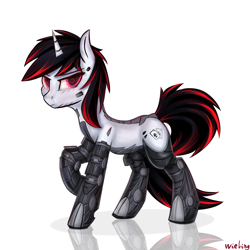 Size: 2048x2048 | Tagged: safe, artist:weiling, oc, oc only, oc:blackjack, cyborg, cyborg pony, pony, unicorn, fallout equestria, fallout equestria: project horizons, eyes open, fanfic art, red eyes, reflection, simple background, solo, white background