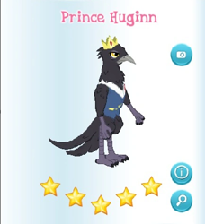 Size: 392x430 | Tagged: safe, gameloft, idw, screencap, prince huginn, bird, crow, raven (bird), anthro, g4, my little pony: magic princess, black tail, clothes, crown, feather, idw showified, jewelry, male, mobile game, regalia, simple background, solo, stars, tail, text, vest, white background