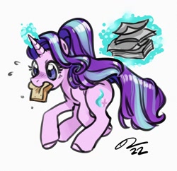 Size: 1466x1418 | Tagged: safe, artist:opalacorn, starlight glimmer, pony, unicorn, g4, blushing, bread, emanata, female, food, glowing, glowing horn, horn, levitation, magic, mare, mouth hold, paper, plewds, running, schoolgirl toast, simple background, solo, telekinesis, toast, white background