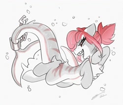 Size: 3600x3065 | Tagged: safe, artist:opalacorn, oc, oc only, original species, shark, shark pony, bubble, chains, chest fluff, dorsal fin, fangs, female, fin, fish tail, flowing tail, lidded eyes, looking at you, mare, ocean, open mouth, open smile, shackles, sharp teeth, simple background, smiling, smiling at you, solo, swimming, tail, teeth, underwater, water, white background