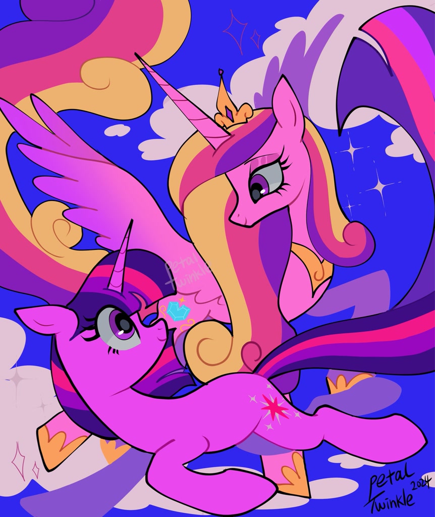 [alicorn,cloud,duo,female,g4,looking back,mare,pony,princess cadance,safe,signature,simple background,sky,sparkles,twilight sparkle,unicorn,wings,looking at each other,blue background,smiling,spread wings,unicorn twilight,sisters-in-law,needs more saturation,looking at someone,turned head,smiling at each other,artist:petaltwinkle]