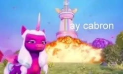 Size: 443x268 | Tagged: safe, edit, gameloft, opaline arcana, alicorn, pony, g5, my little pony: mane merge, explosion, looking at you, low quality, meme, shitposting, spanish, text