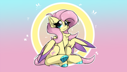 Size: 3840x2160 | Tagged: safe, artist:jubyskylines, fluttershy, pegasus, pony, g4, colored hooves, colored pinnae, colored wings, colored wingtips, female, fluffy, gradient background, looking at you, mare, partially open wings, shiny hooves, sitting, smiling, solo, wing fluff, wings