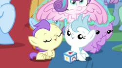 Size: 720x401 | Tagged: safe, screencap, cream puff, ginger tea, grape stem, opulence, princess flurry heart, stratus wind, sun cloche, alicorn, earth pony, pony, g4, once upon a zeppelin, season 7, baby, baby pony, creambetes, cute, eyes closed, female, filly, foal, gingerbetes, grapebetes, hoof sucking, las pegasus resident, male, mare, stallion, zeppelin children