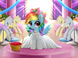 Size: 2400x1800 | Tagged: safe, artist:darksly, rainbow dash, pegasus, pony, g4, basket, bow, clothes, commission, cute, daaaaaaaaaaaw, dashabetes, dress, evening gloves, female, filly, filly rainbow dash, floral head wreath, flower, flower girl, flower girl dress, flower in hair, foal, gloves, jewelry, long gloves, necklace, ponyquin, rainbow dash always dresses in style, solo, weapons-grade cute, younger