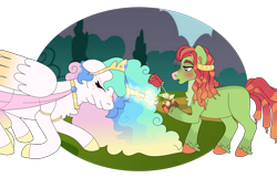 Size: 4836x3114 | Tagged: safe, artist:frostcorpsclub, princess celestia, tree hugger, alicorn, earth pony, pony, g4, alternate universe, bedroom eyes, blushing, bowing, chest fluff, colored wings, crown, design, double chin, flower, forest, glowing, glowing horn, gradient wings, healing, hoof fluff, horn, jewelry, magic, multicolored hair, nature, object, older, older celestia, open mouth, redesign, regalia, rose, tree, wings